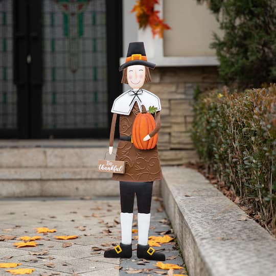 Glitzhome® 36" Metal Thanksgiving Pilgrim Boy Standing Or Hanging Yard Stake